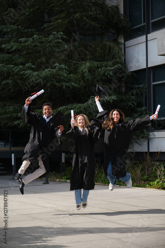 Obraz na płótnie Group of cheerful graduated students jumping together holding their diplomas on graduation day w salonie