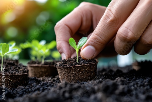 A hand gently transplanting a young seedling into fresh soil, emphasizing the delicate care plants require during their growth phase for optimum health. photo