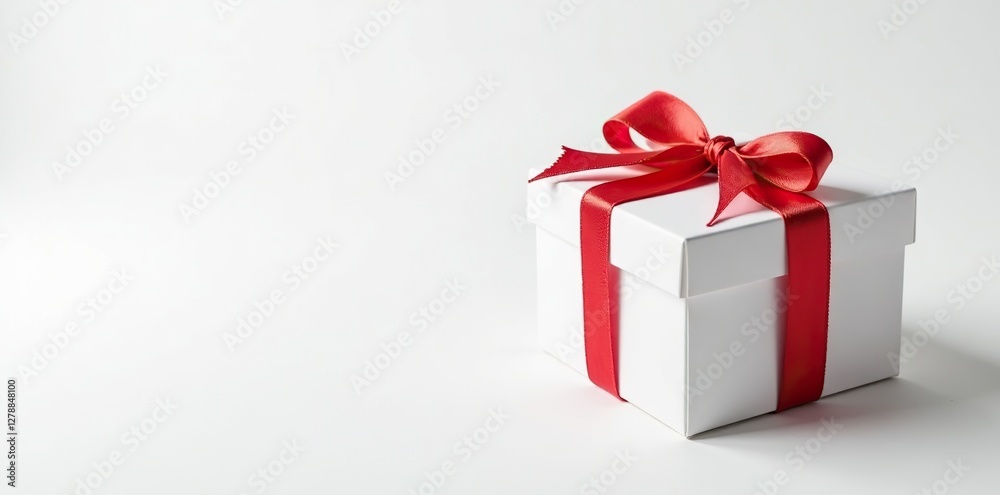 Fototapeta premium Simple gift box on white background with a decorative ribbon tied around it, gift box, present