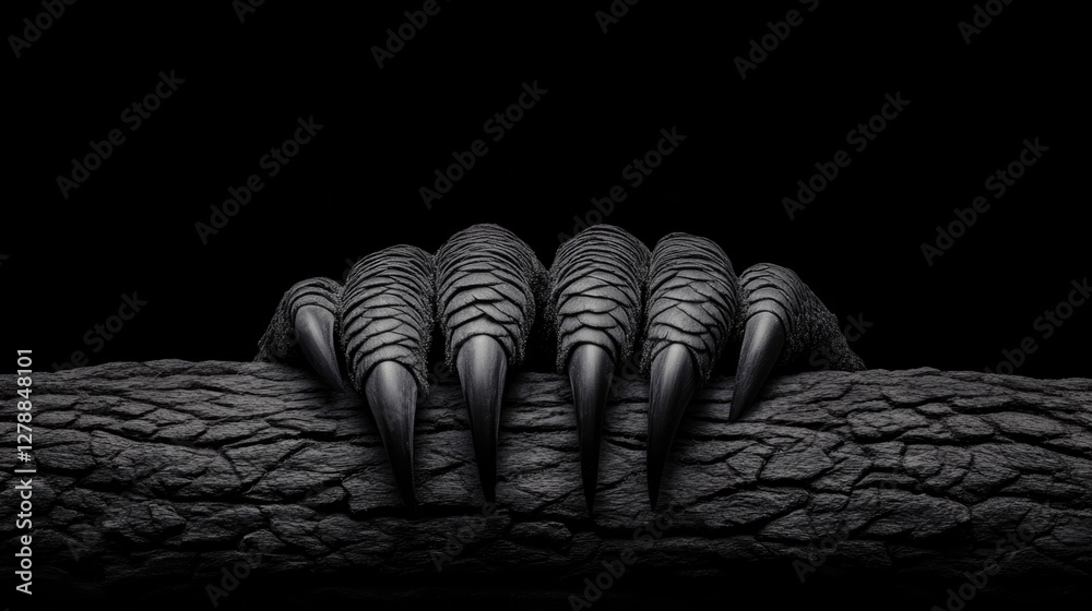 Claw-like hand gripping textured branch, emphasizing dark tones
