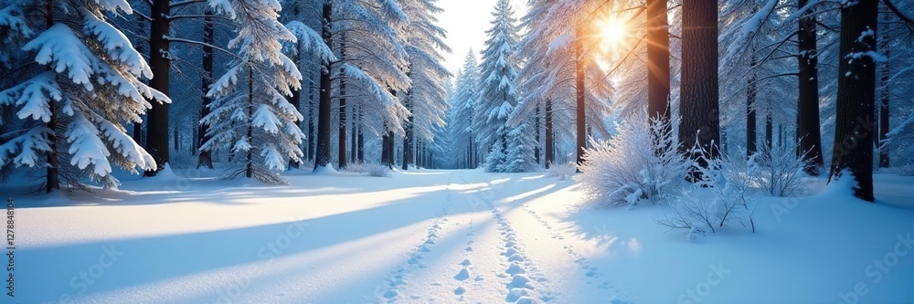 Naklejka premium Snowy forest scene with a few white fibers scattered on the ground, nature, calm, winter