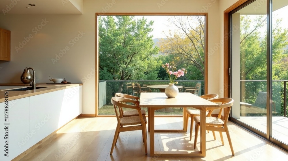 Fototapeta premium Modern Minimalist Kitchen and Dining Area with Expansive Natural Light and Serene Outdoor View