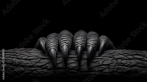 Obraz na płótnie Claw-like hand gripping textured branch, emphasizing dark tones w salonie