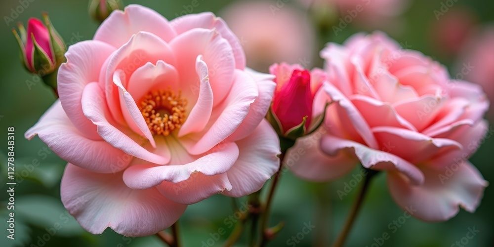 pink roses with soft petals and green foliage in a natural garden setting with closed buds and blurred background pink roses with soft petals and green foliage in a natural garden setting with closed buds and blurred background