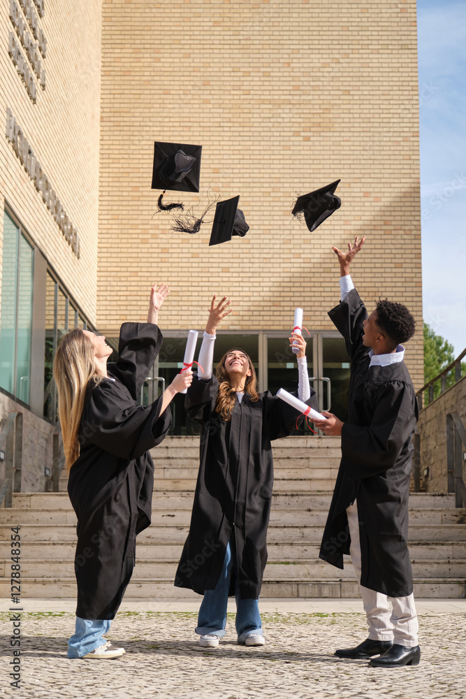 Group of cheerful multi ethnic graduated students in gowns throwing their graduation caps in the air