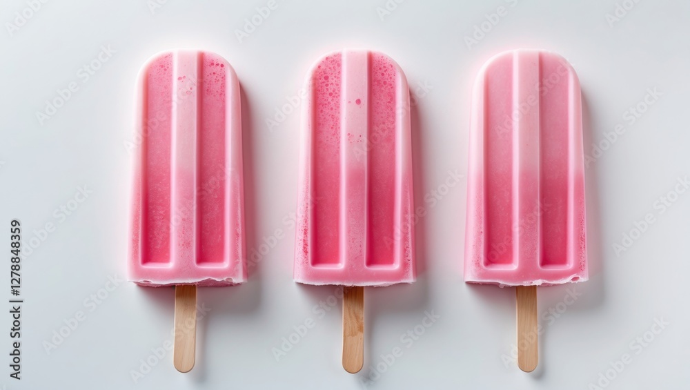 Pink popsicles on wooden sticks arranged in a row against a white background. Bright and colorful frozen treats. Pink popsicles on wooden sticks arranged in a row against a white background. Bright and colorful frozen treats.