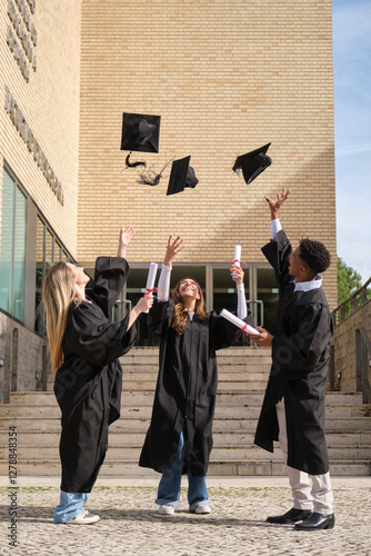 Obraz na płótnie Group of cheerful multi ethnic graduated students in gowns throwing their graduation caps in the air w salonie