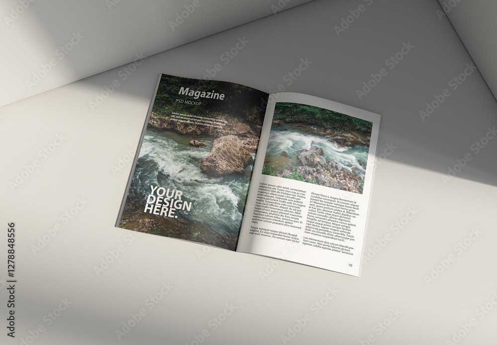 Open A4 Magazine Mockup on the floor or table Stock Template | Adobe Stock