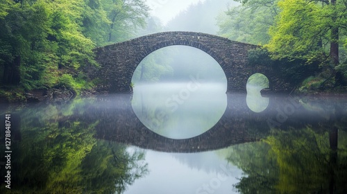 Capture the beauty of a stone bridge over a calm river, with thick morning fog rolling over the water, making the reflection look dreamlike and surreal.