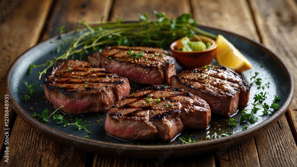 Grilled beef steak filet served on a dark plate with fresh herbs and lemon slice on a wooden table Grilled beef steak filet served on a dark plate with fresh herbs and lemon slice on a wooden table