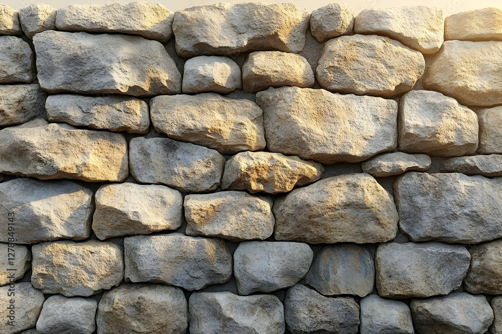 Detailed Stone Wall Background Texture with Rough Surfaces Under Warm Lighting Detailed Stone Wall Background Texture with Rough Surfaces Under Warm Lighting