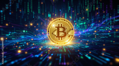 Moeda de Bitcoin brilhante em destaque com fundo digital de códigos e luzes coloridas, representando tecnologia blockchain, criptomoedas e economia digital.