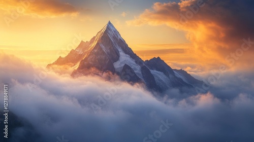 Create a breathtaking image of a mountain peak emerging from a sea of clouds, with golden sunrise light illuminating the mist-covered landscape.