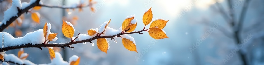 Snow-covered branch with yellow leaves and bare sky, peaceful, serene, winter wonderland Snow-covered branch with yellow leaves and bare sky, peaceful, serene, winter wonderland