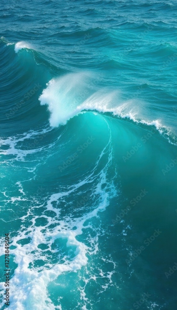 Fototapeta premium Deep blue turquoise sea with strong wave movement and sea foam, ocean waves, turquoise blue ocean
