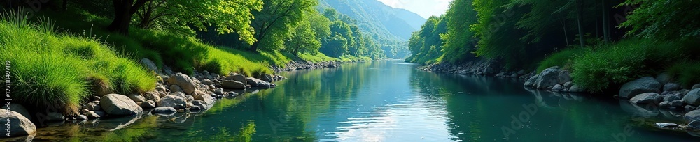 River flowing through a tranquil valley with lush vegetation, calm, natural, lush
