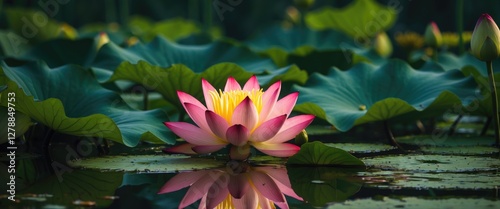 Pink lotus flower with yellow center reflecting in calm water surrounded by green lily pads in a tranquil pond setting
