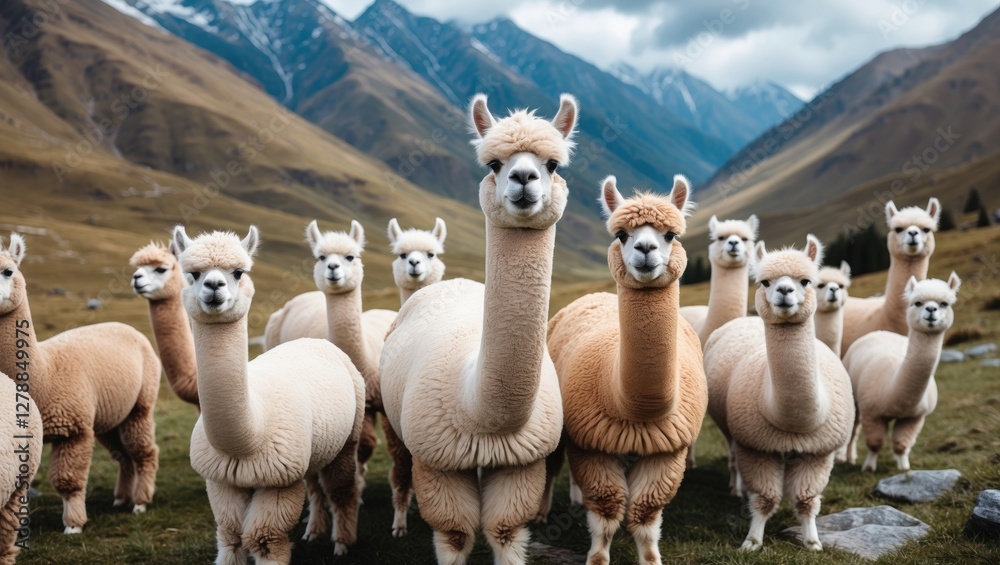 Fototapeta premium Herd of alpacas standing on grassy hillside with mountainous backdrop under cloudy sky in rural landscape setting.