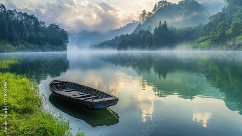 Photograph a serene lake at dawn, covered in a layer of mist, with a small wooden boat floating in the distance, creating a peaceful and dreamlike atmosphere.