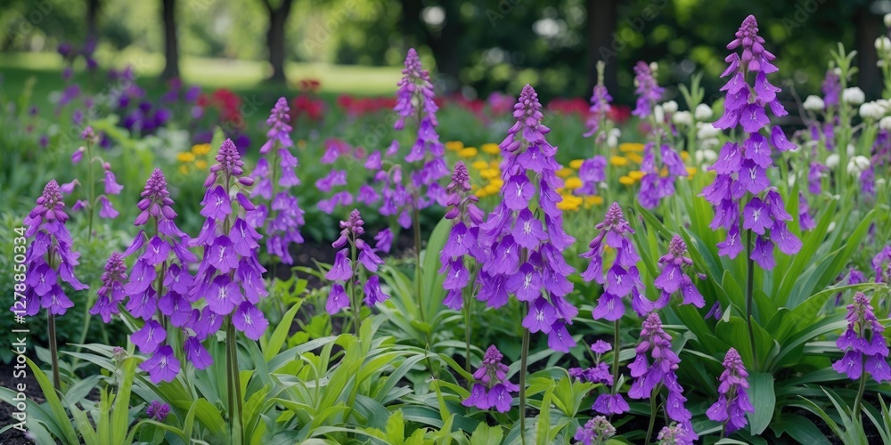 Naklejka premium Purple flowering plants in a lush green garden setting with colorful blooms blurred in the background during daylight hours.