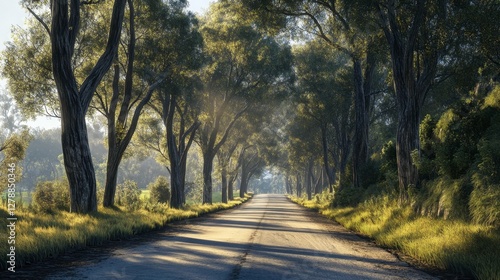 Shoot a countryside road lined with tall trees, where the early morning sun creates a mesmerizing pattern of light and shadow on the path.