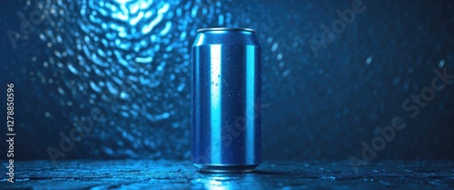 Blue metallic soda can with condensation on surface set against a textured dark background with ambient blue lighting