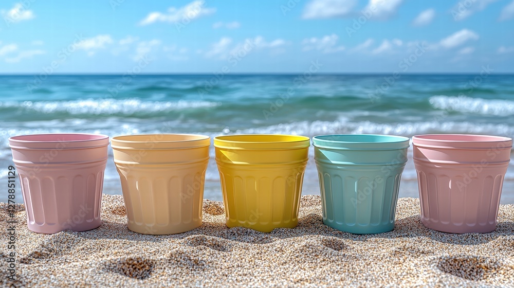 Three colorful cups resting on warm sandy beach at sunset for relaxing summer vibes Three colorful cups resting on warm sandy beach at sunset for relaxing summer vibes