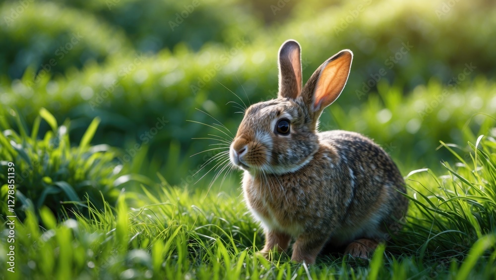 Fototapeta premium Brown rabbit sitting in lush green grass under soft natural light during daytime