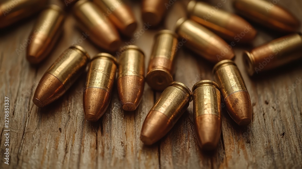 close up of group of bullets scattered on wooden surface, showcasing their metallic texture and cylindrical shape. image highlights contrast between shiny bullets and rustic wood close up of group of bullets scattered on wooden surface, showcasing their metallic texture and cylindrical shape. image highlights contrast between shiny bullets and rustic wood