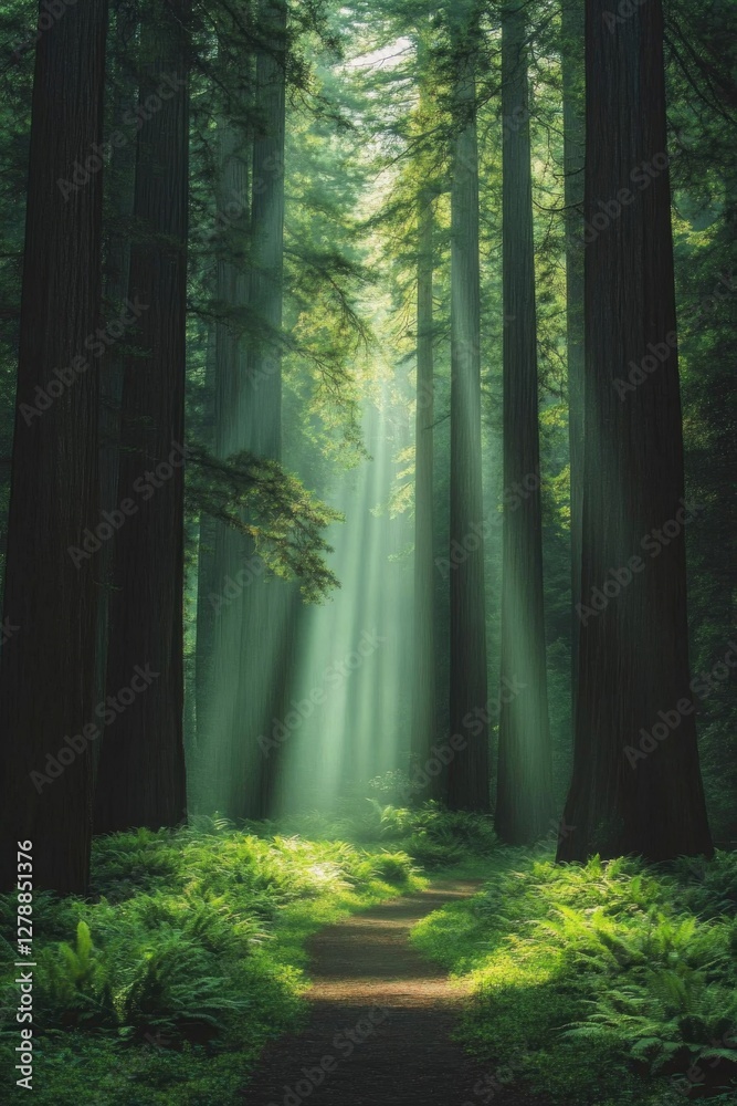 Fototapeta premium Sunlight filters through towering trees, illuminating tranquil f