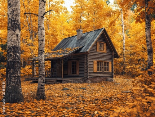 Small cabin in woods with yellow leaves