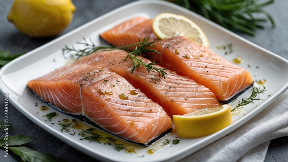 Fresh salmon fillets garnished with herbs and lemon slices on a white plate with olive oil drizzle and green leaves decorated around Fresh salmon fillets garnished with herbs and lemon slices on a white plate with olive oil drizzle and green leaves decorated around