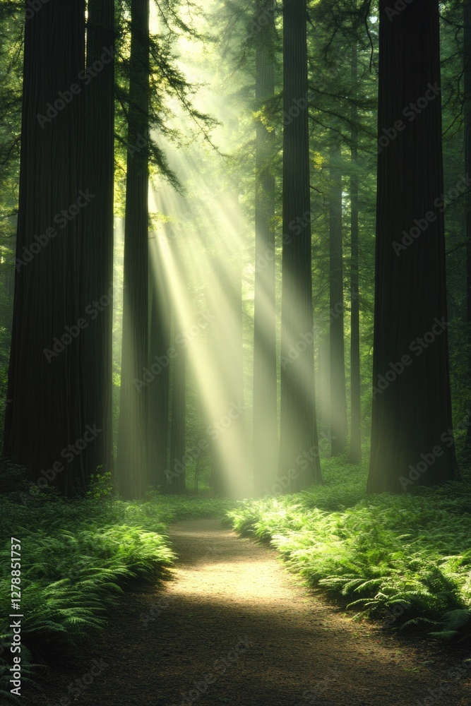 Sunlight filters through towering trees, illuminating tranquil f