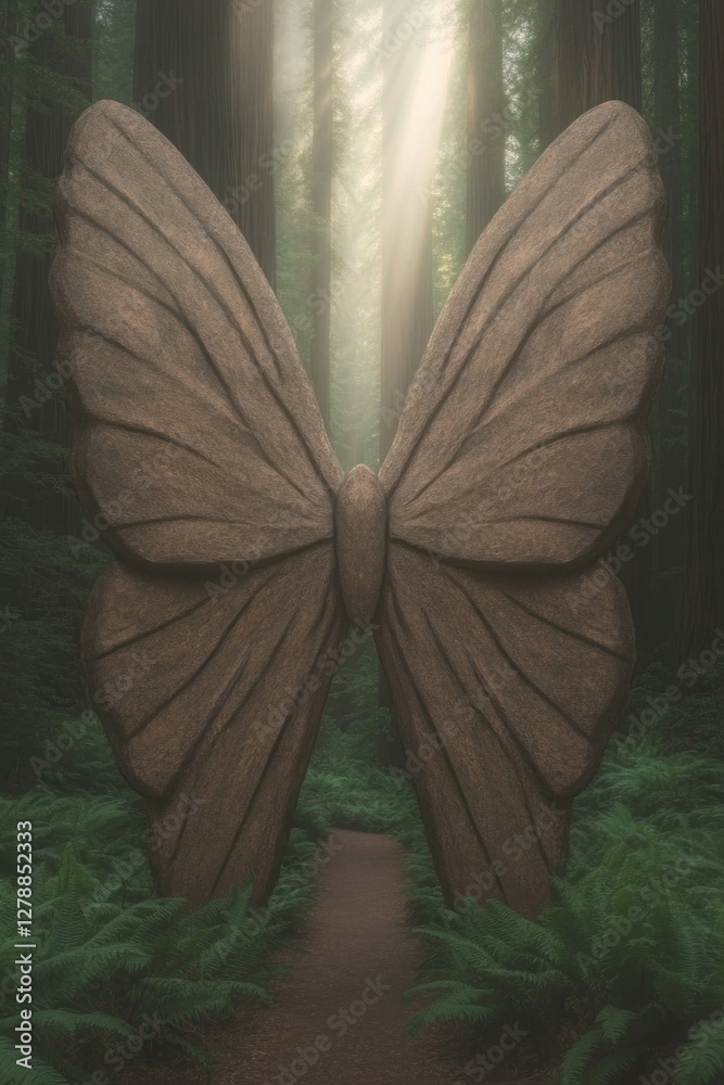 Majestic wooden butterfly sculpture stands amidst lush forest, l