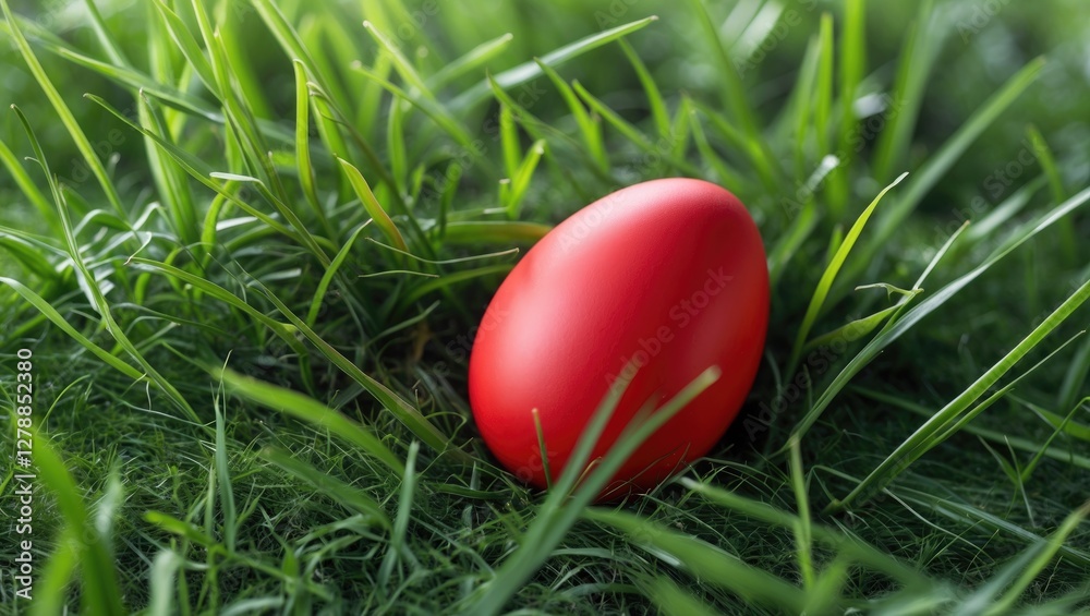 Red Easter egg resting in vibrant green grass with soft focus background