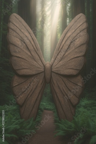 Obraz na płótnie Majestic wooden butterfly sculpture stands amidst lush forest, l w salonie