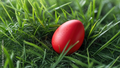 Obraz na płótnie Red Easter egg resting in vibrant green grass with soft focus background w salonie
