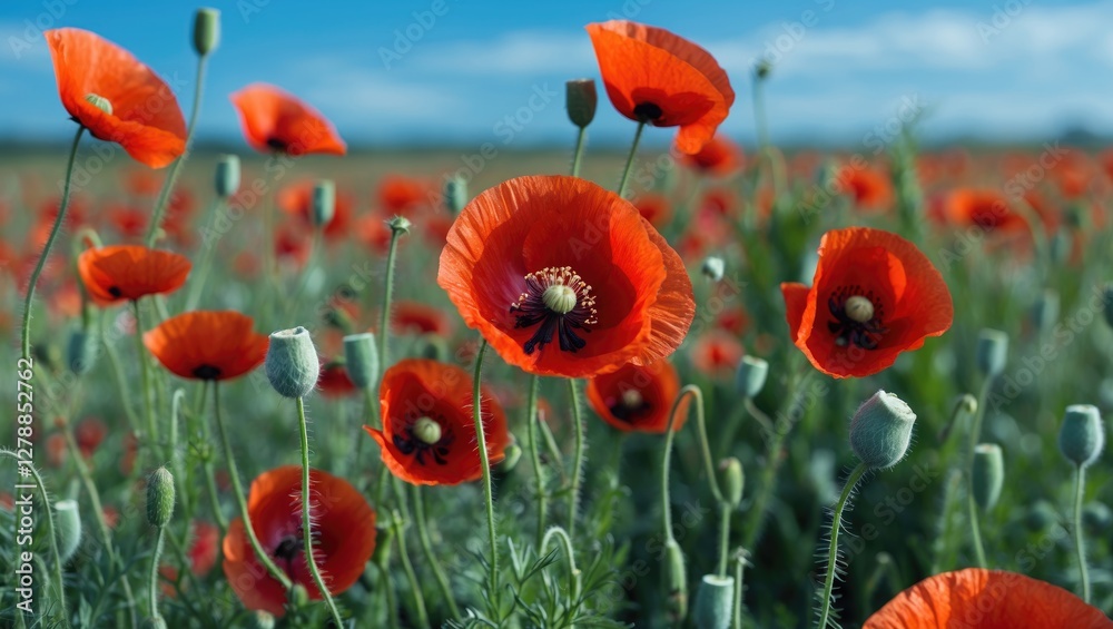 Fototapeta premium Field of vibrant red poppy flowers blooming under a clear blue sky with green foliage and budding flowers in the foreground