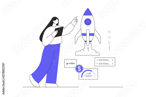 Startup business concept. Woman Character launching rocket, investing in new company, career beginning. Flat Cartoon Vector Illustration, icon. Stylish abstract Flat design for website