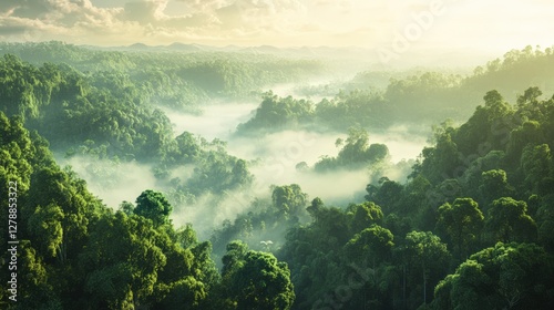 Obraz na płótnie A lush green forest with foggy mist in the air w salonie