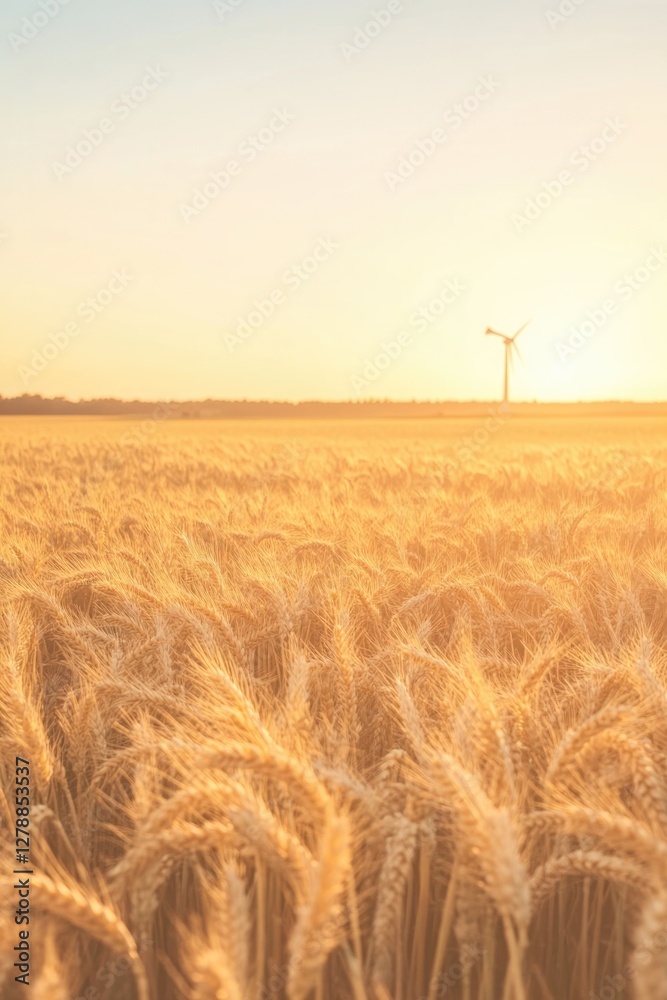 Golden wheat field under warm sunset with wind turbine in distan