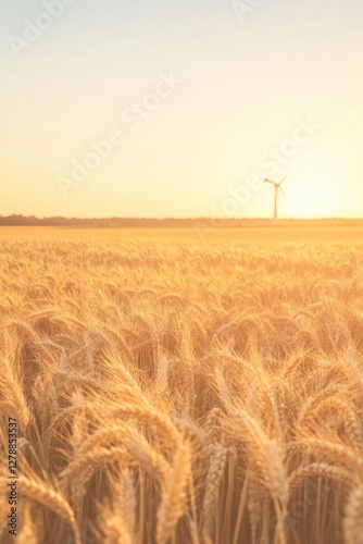 Obraz na płótnie Golden wheat field under warm sunset with wind turbine in distan w salonie