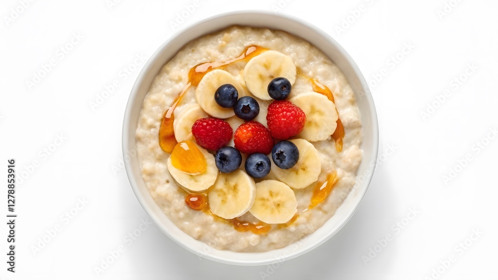 plant-based breakfast + oatmeal + organic Bowl of oatmeal topped with banana slices, berries, and honey for a nutritious breakfast. plant-based breakfast + oatmeal + organic Bowl of oatmeal topped with banana slices, berries, and honey for a nutritious breakfast.