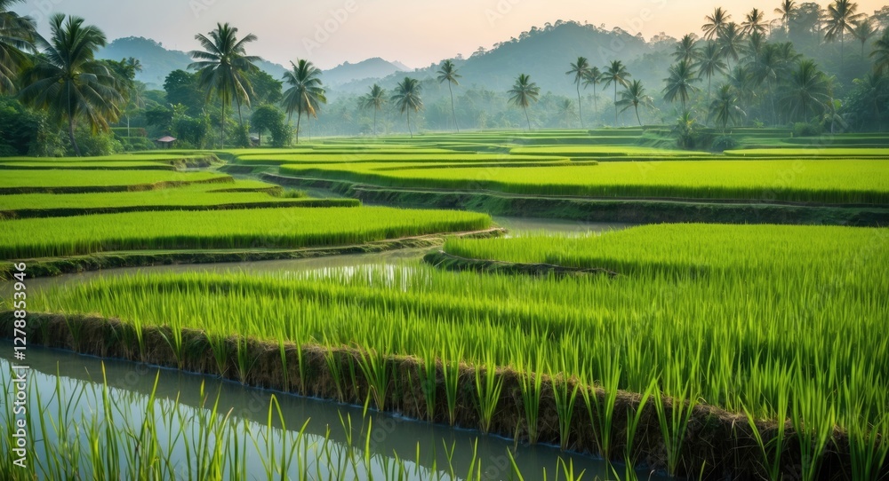 Obraz premium Lush green terraced rice fields with palm trees under soft morning light in a mountainous landscape