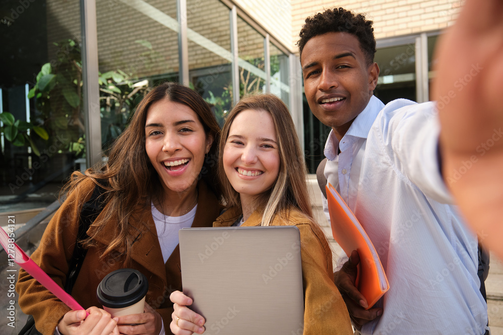 Happy multi ethnic students taking selfie outside university building