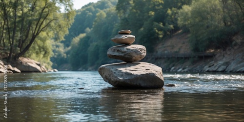 Stacked stones on a large rock in a river surrounded by trees under a clear sky during daylight.