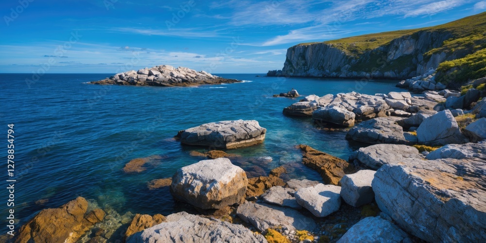 Coastal landscape with rocky shoreline and clear blue water under a bright sky near a cliff in daytime. Coastal landscape with rocky shoreline and clear blue water under a bright sky near a cliff in daytime.
