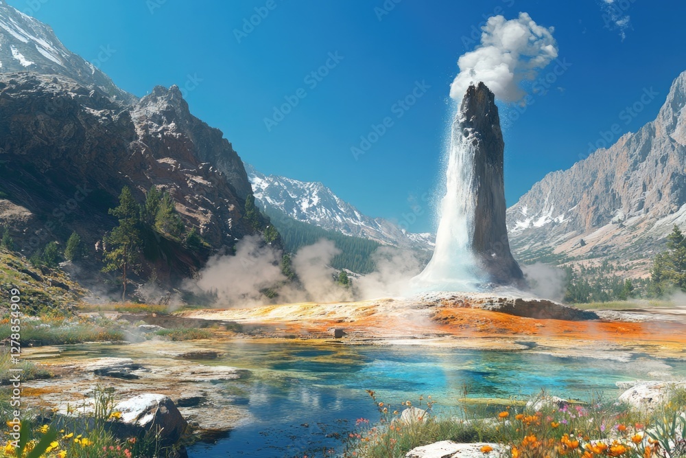 Majestic geyser erupts, surrounded by colorful geothermal pools
