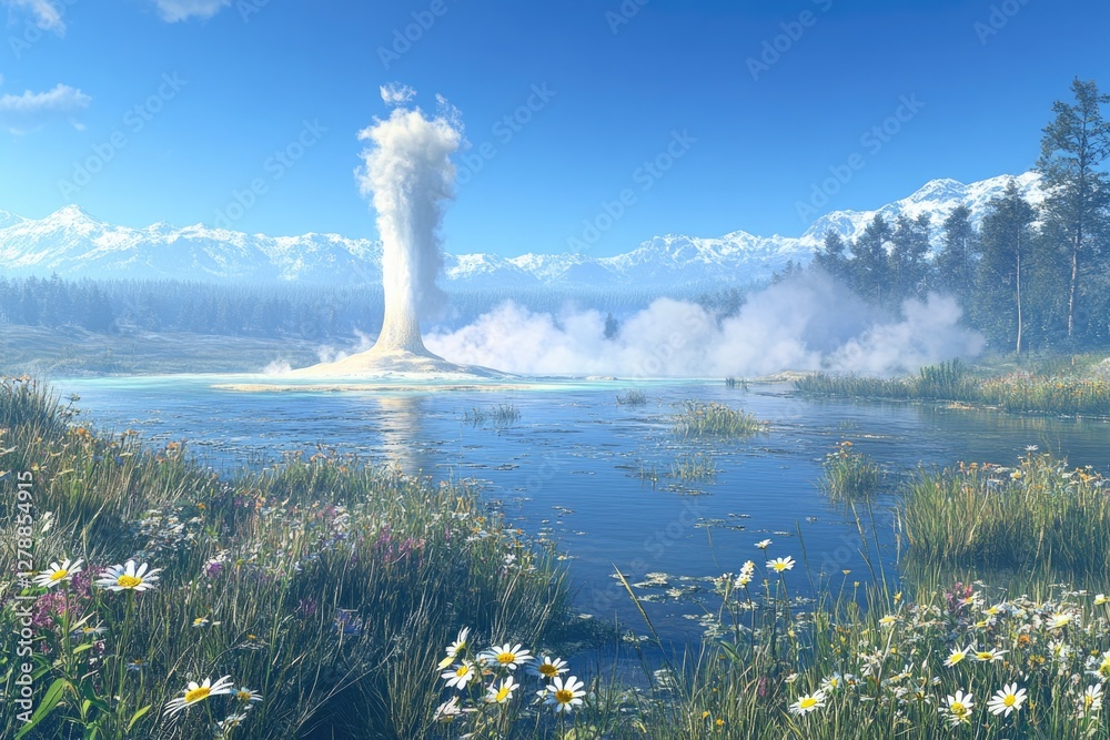 Majestic geyser erupts in serene landscape, surrounded by lush g