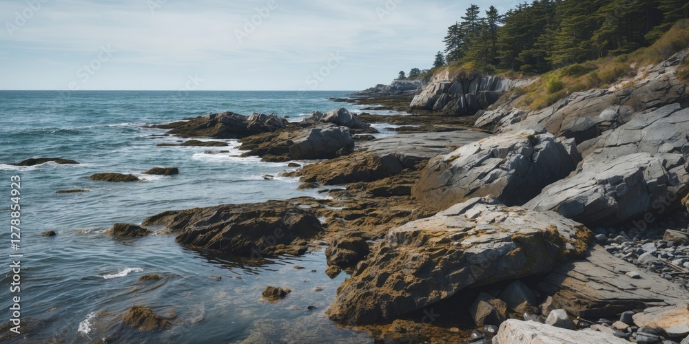 Rocky coastline with ocean waves and forested land under a clear sky on a sunny day Rocky coastline with ocean waves and forested land under a clear sky on a sunny day